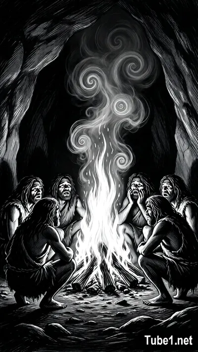 A group of early humans huddled around the first controlled fire, flames rendered in bright white strokes against deep charcoal darkness, smoke drifting upward in soft spirals, their silhouettes trembling with awe as shadows dance across the cave walls, the noir sketch style capturing the birth of human mastery over nature.