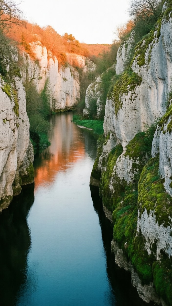 A tranquil river winds through a canyon of pale limestone, its surface reflecting the warm hues of dawn. Moss clings to the stone in vivid green patches.