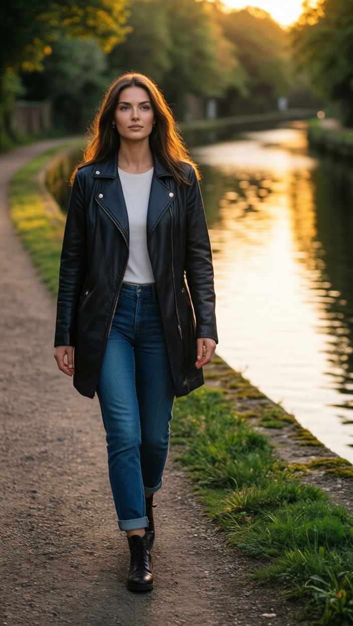 A young woman walks along a quiet canal path, warm reflections shimmering across the water beside her.