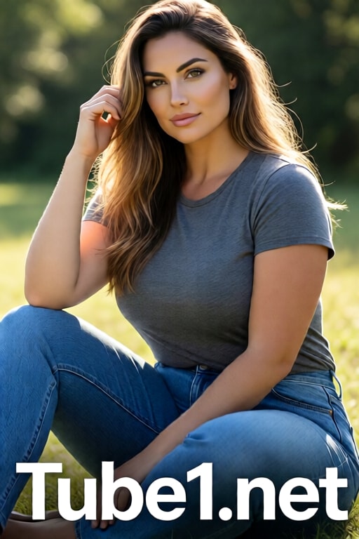 Gender: woman, Face: high cheekbones, Body: curvy physique, Clothing: casual jeans and t-shirt, Location: outdoor natural light, Pose: sitting elegantly, Lighting: natural sunlight, Style: fashion magazine cover