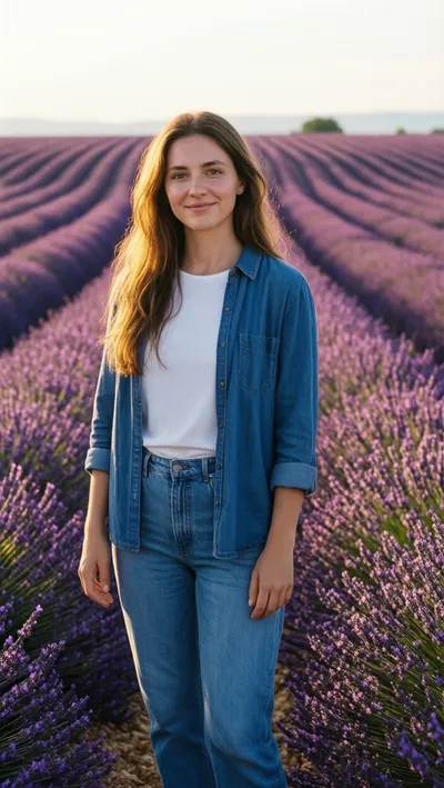 The camera glides slowly through the lavender field, purple blossoms glowing around the young woman. She says, “Lavender fields are beautiful until you realize bees love them too. But honestly, the bees seem chill, so we coexist peacefully.”