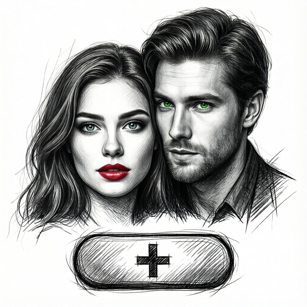 Icon of faces of 2 beautiful young people woman and man model, black and white usable shades of gray with scratch drawing style. Man is positioned on her right behind the woman. The man has green eyes and his head is turned to the woman. Woman has  blue eyes and red lips and looks straight ahead at the camera. White background. On the bottom center of the image there is a big button with a plus icon scratch style. Entire heads of both are visible. Heads are not stuck together