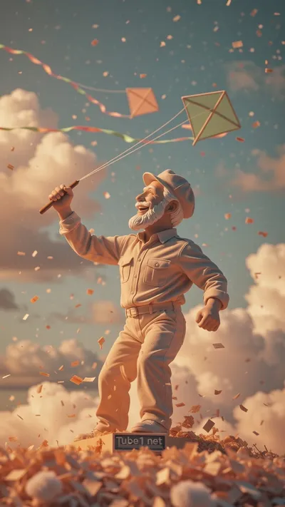 A sculptor carves wind and the shavings become tiny kites that tug at passing clouds Lighting: warm studio key with cool sky fill and neon accent on kites Camera: dolly follows a kite tugging a cloud then rises to reveal the sculptor smiling at the sky Ex